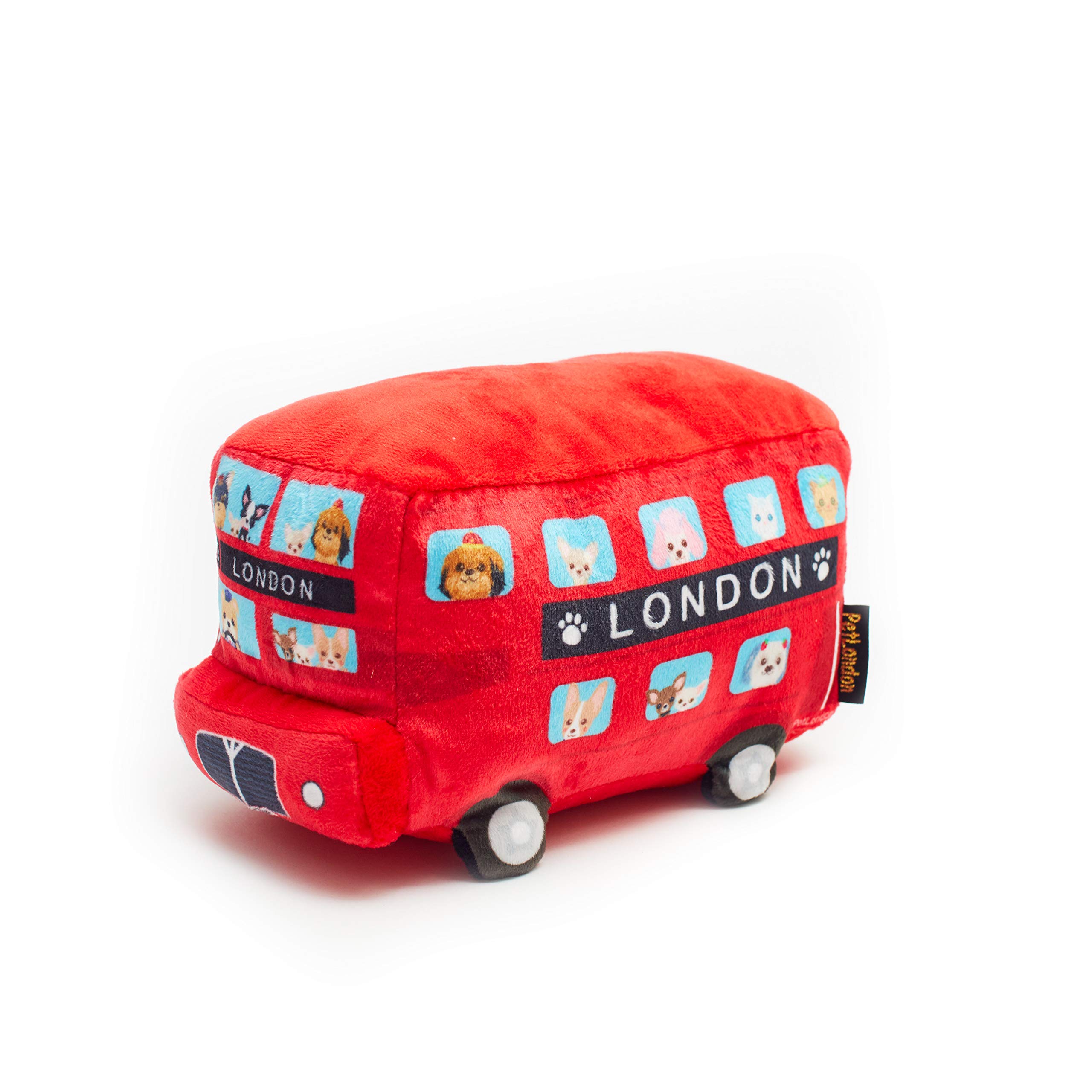 PetLondon Red London Bus Dog Toy Soft Plush 9" - 3D Design with Bulldog Poodle Chihuahua Pomeranian Dachshund Dog Characters in Window