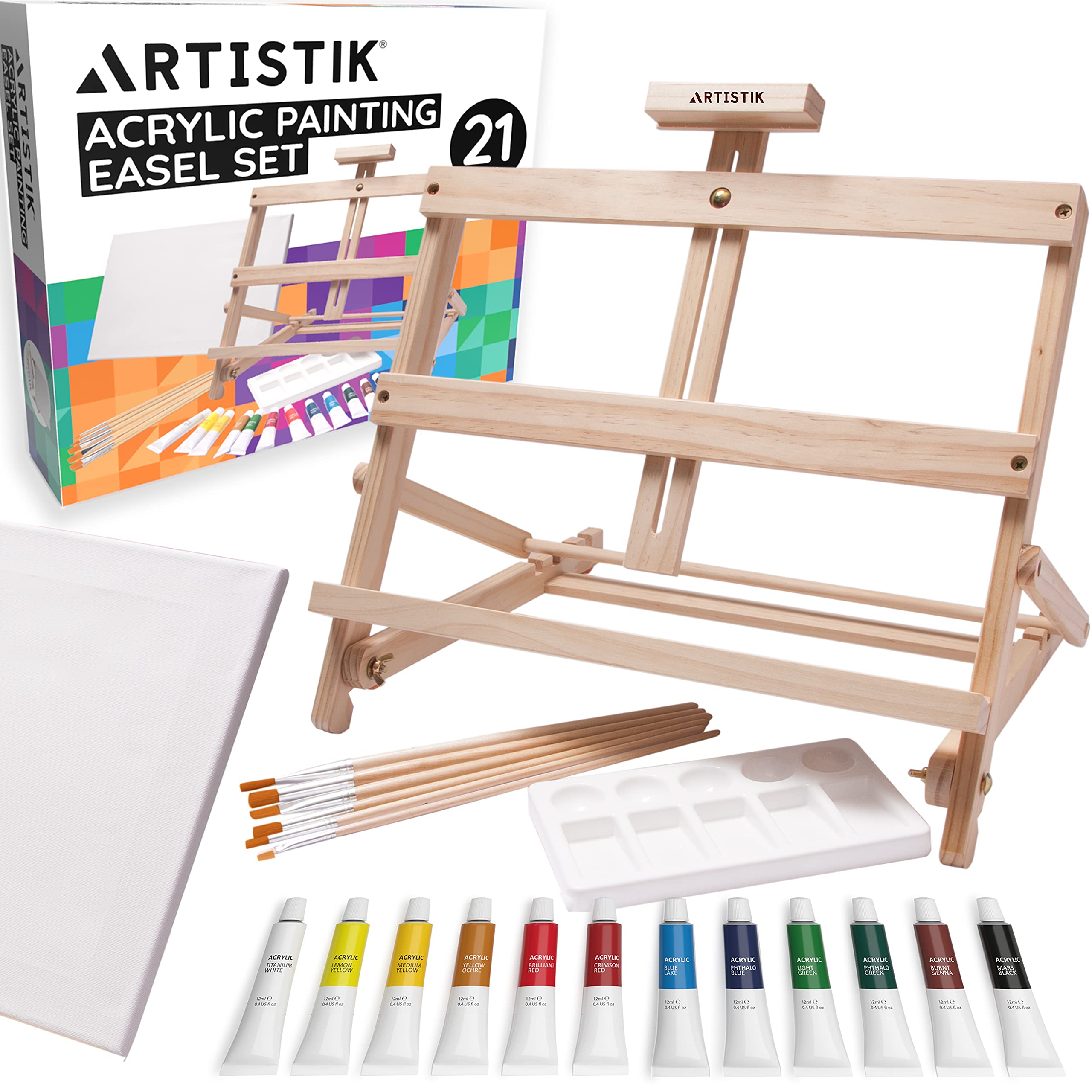Artistik 21 Pieces Acrylic Easel Set – Adjustable Desktop Table Easel with Acrylic Paints, Brushes, Canvas Boards & Oil Pastels – Complete Craft Art Painting Kit for Beginners & Artists