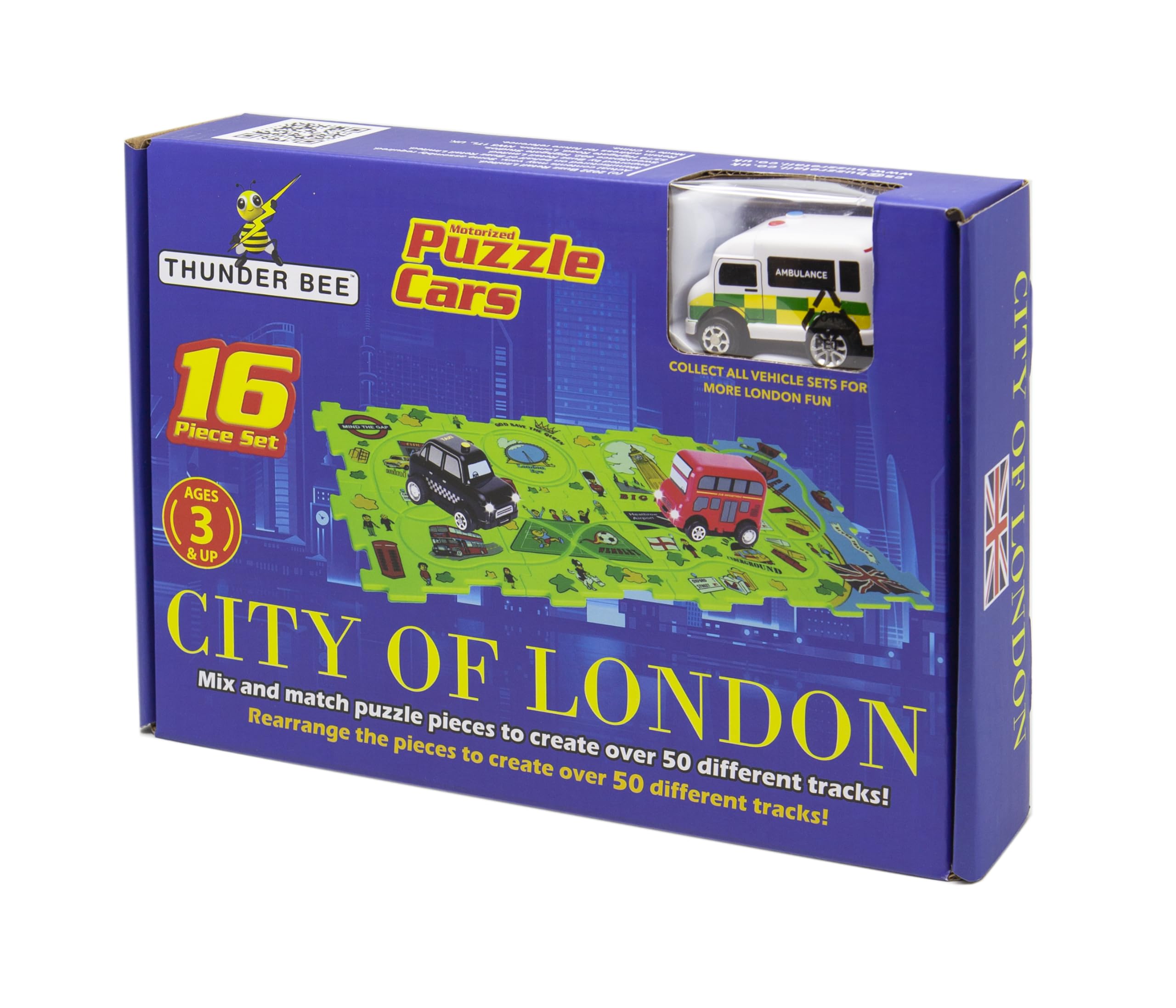 Puzzle Cars Ambulance City of London – Motorized Car with Interchangeable Puzzle Pieces, Road Signs & Accessories, Battery Included – Educational Toy for Kids Ages 3+