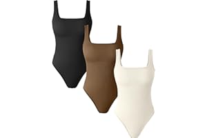 OQQ Women's 3 Piece Bodysuits Sexy Ribbed Square Neck Basic Stretch Tank Tops Bodysuits