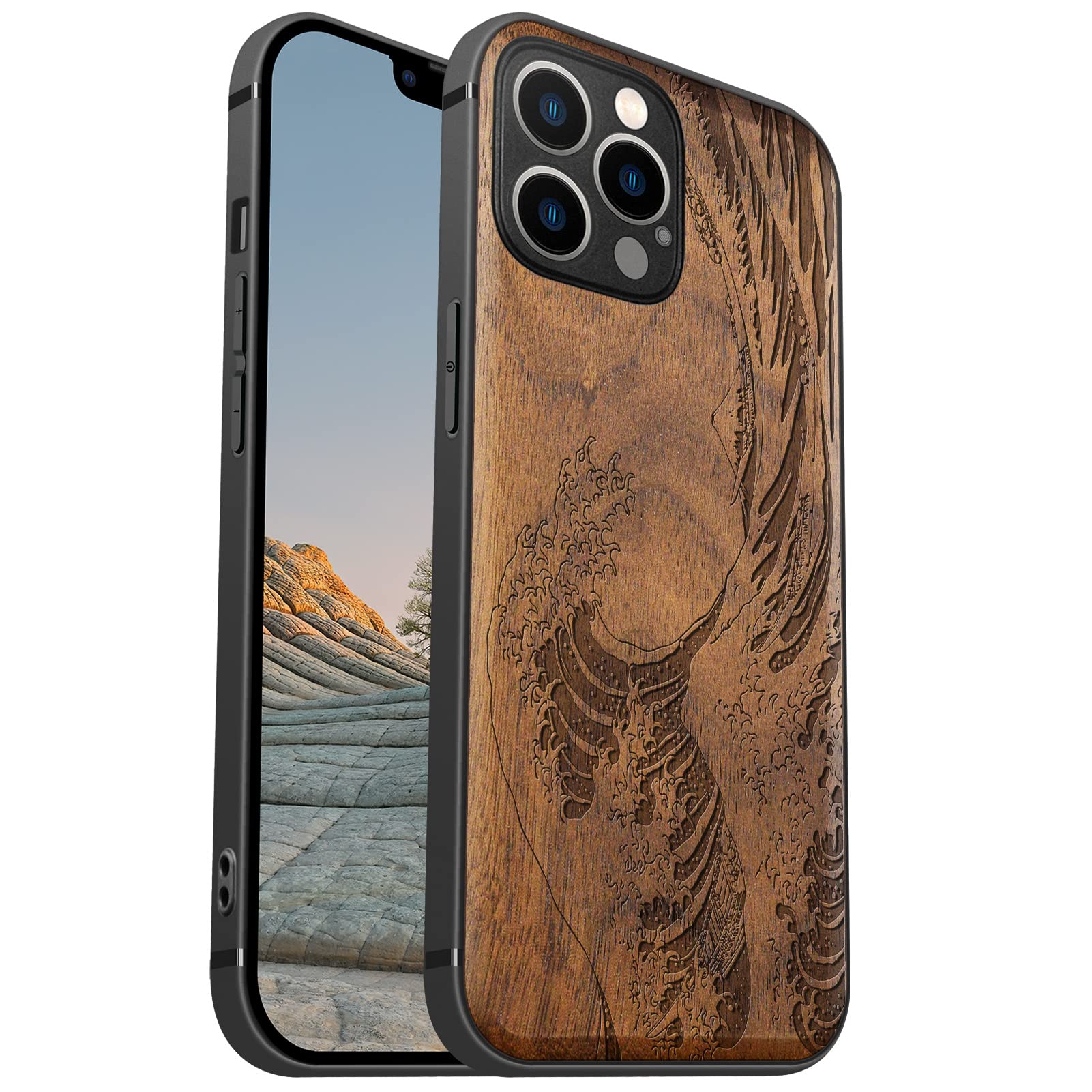 Carveit Magnetic Wood Case for iPhone 12 Pro Case [Hard Real Wood & Soft TPU] Shockproof Protective Cover Unique & Classy Wooden Case Compatible with MagSafe (The Great Wave Off Kanagawa-Walnut)