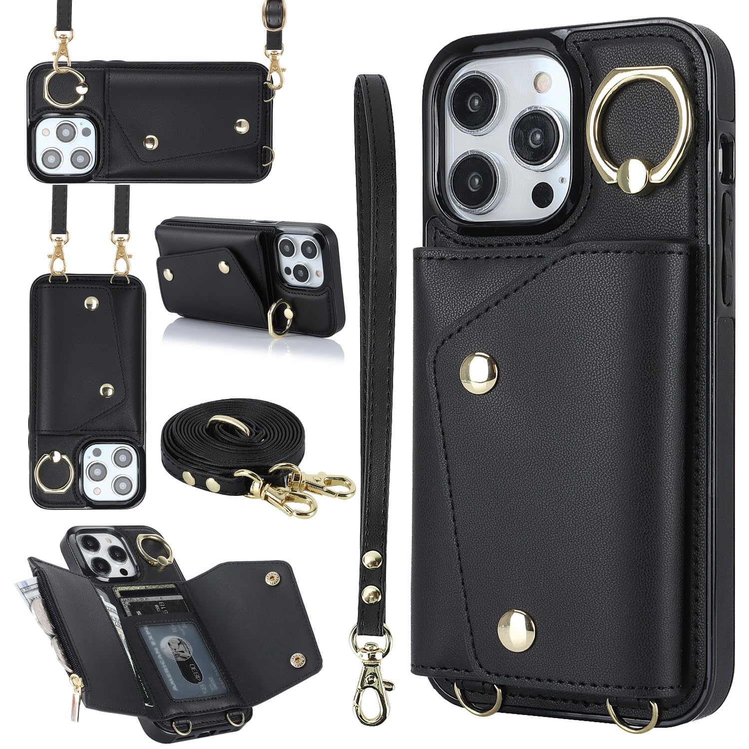 PRIVHOM Crossbody Case for iPhone 13 mini Cover, Leather Crossbody Wallet Phone Case with Adjustable Removable Lanyard Strap,Cord Lanyard Shockproof Protective Case Black