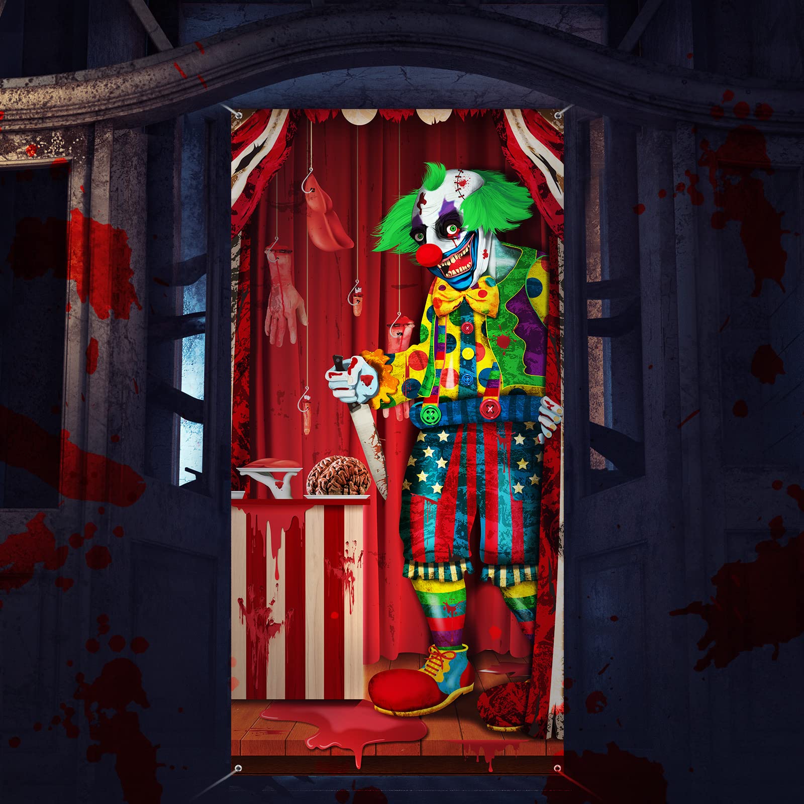 Halloween Decorations Large Evil Clown Door Cover Fabric Halloween Door Banner Backdrop Background Clown Theme Front Door Cover for Halloween Party Haunted House Photo Props Supplies, 70.9 x 35.4 Inch