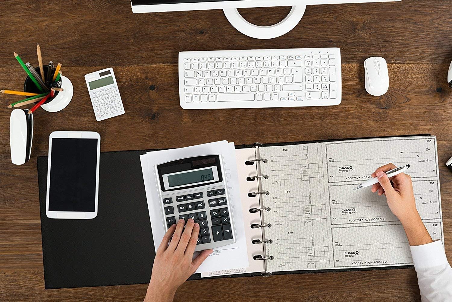 Premium 7 Ring Business Check Binder for 3 on a Page Checks - Large Storage Pouch, Calendar, and Pen Included, | 600 Check / 200 (9" x 13") Sheet Capacity, Black : Office Products