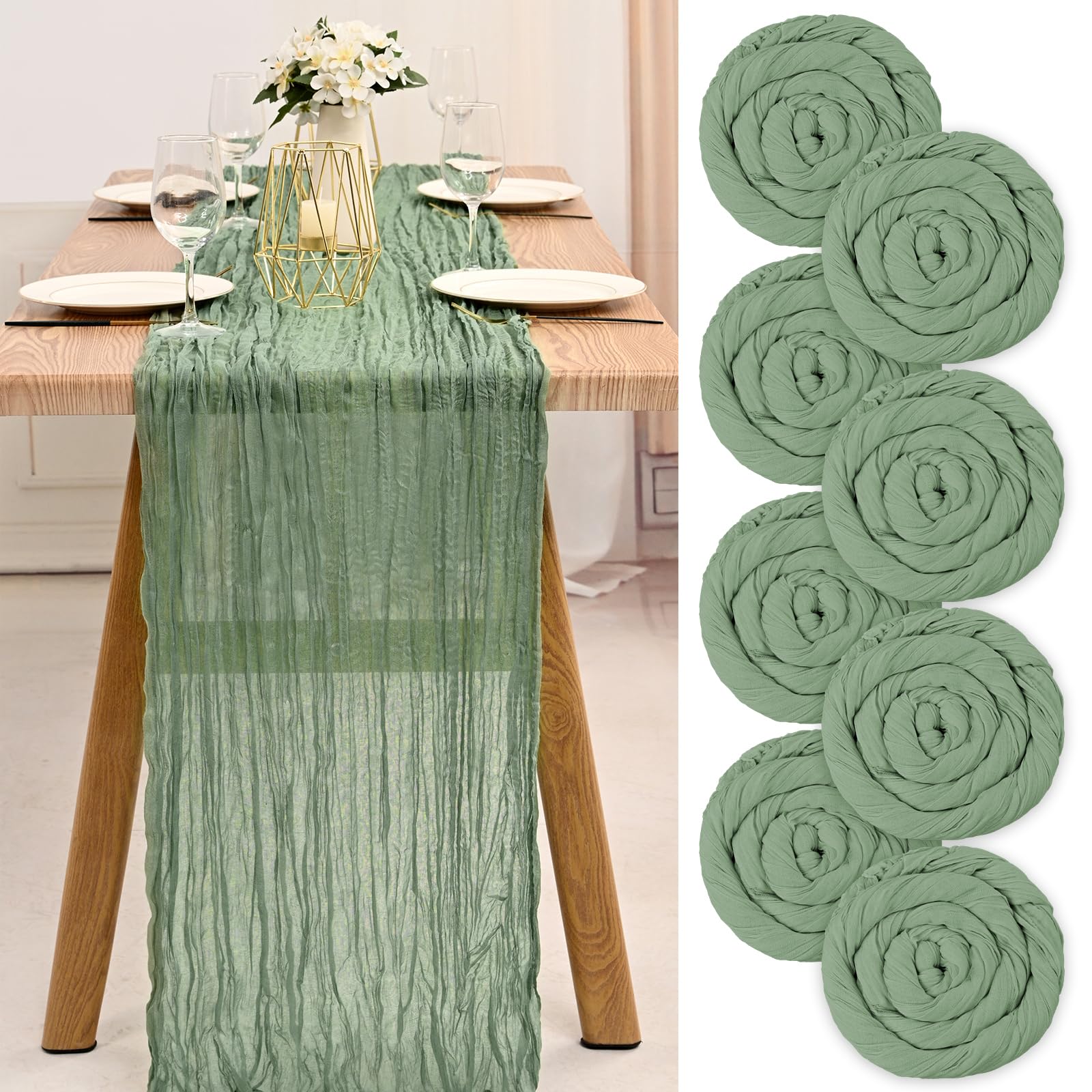 Teruntrue Sage Green Cheesecloth Table Runner, Semi-Sheer Gauze Tablecloth 10Ft Rustic Decor for Kitchen Wedding Holiday Party Supplies