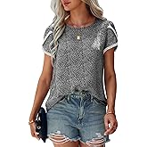 Angashion Women's Tops Casual Floral Print Lace Crochet Short Sleeve Crewneck Summer Loose Blouse Shirt Tunic Top