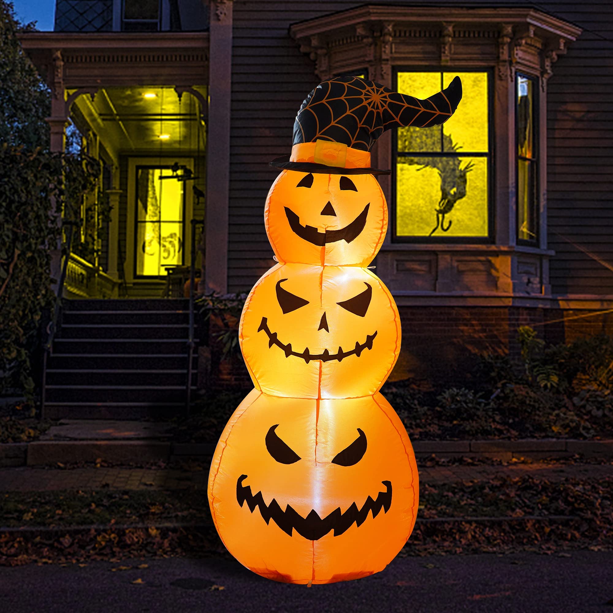 Photo 1 of Hourleey 5 FT Halloween Inflatables Outdoor Stacked Pumpkins with Witches Hat, Halloween Blow Up Yard Decorations with Built-in LED Lights for Indoor Outdoor Party Garden Lawn Holiday Decor