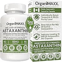 15mg Astaxanthin 4X Strength, 60 Max Absorption Vegetable Capsules. OrganiMAXX Astaxanthin Supplement GMO-Free Microalgae Ext