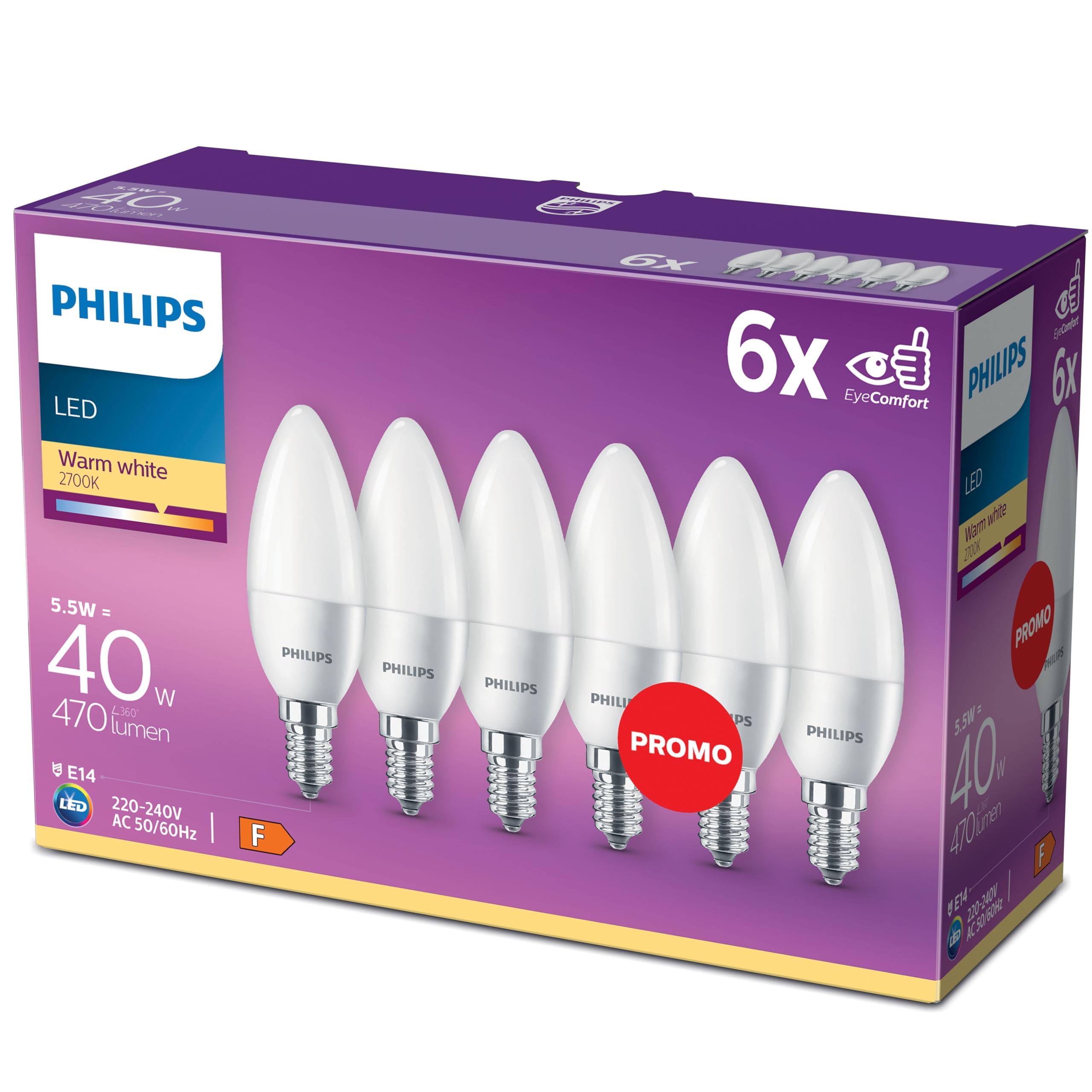 PHILIPS LED E14 Candle Light Bulbs, 4.9 W (40 W) - Warm White, Pack of 6