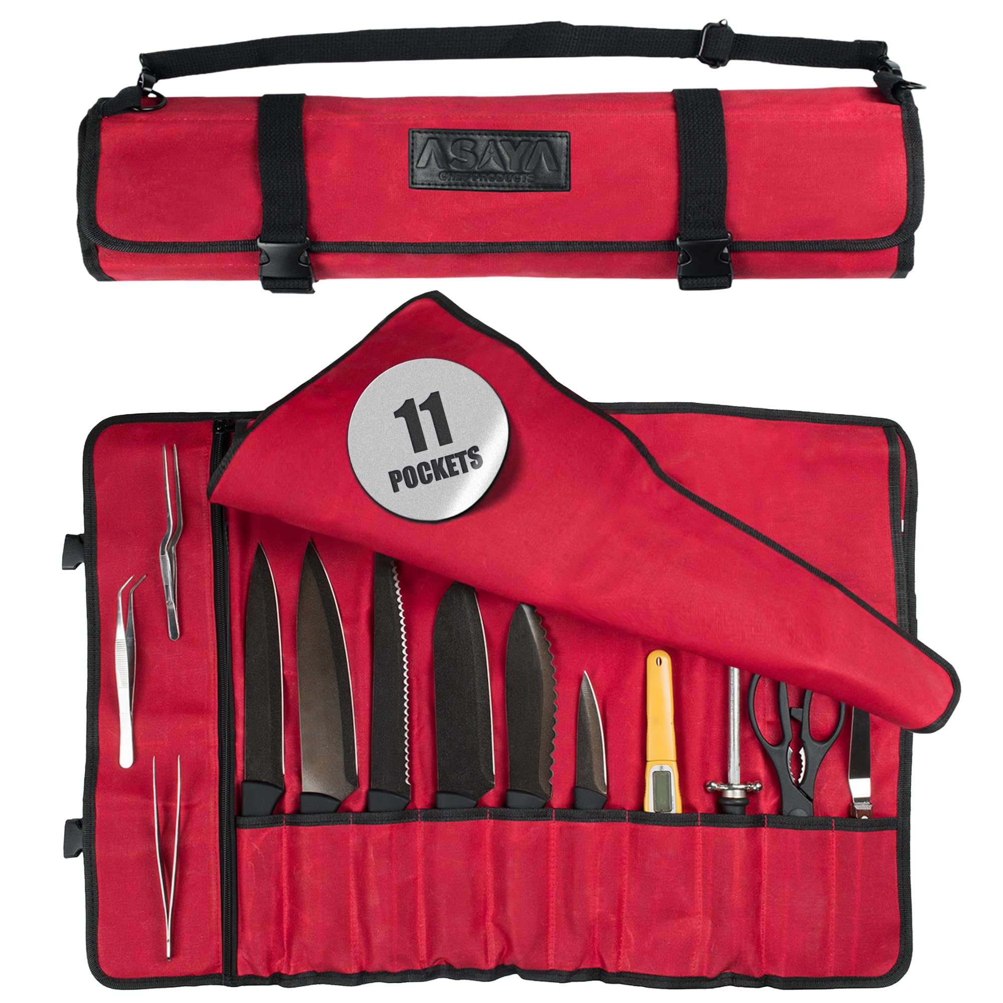View 1 of **USED**
Asaya Canvas Chef Knife Roll Bag - 10 Knife Slots and a Large Zipper Pocket - Durable 10oz Canvas Knife Case with an Adjustable Shoulder Strap - Knives not Included (Red)