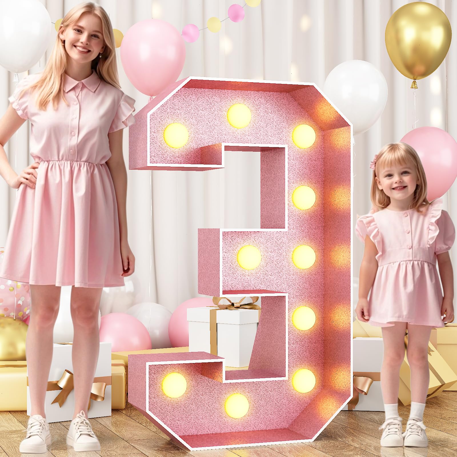 Photo 1 of 4ft  Number 3, Pink Number 3 Marquee Large Marquee Mosaic Sign for Party, Big Numbers with Lights Giant Light Up Numbers 4 Feet Tall DIY Frame Pre-Cut Foam Board Kit for Birthday Anniversary