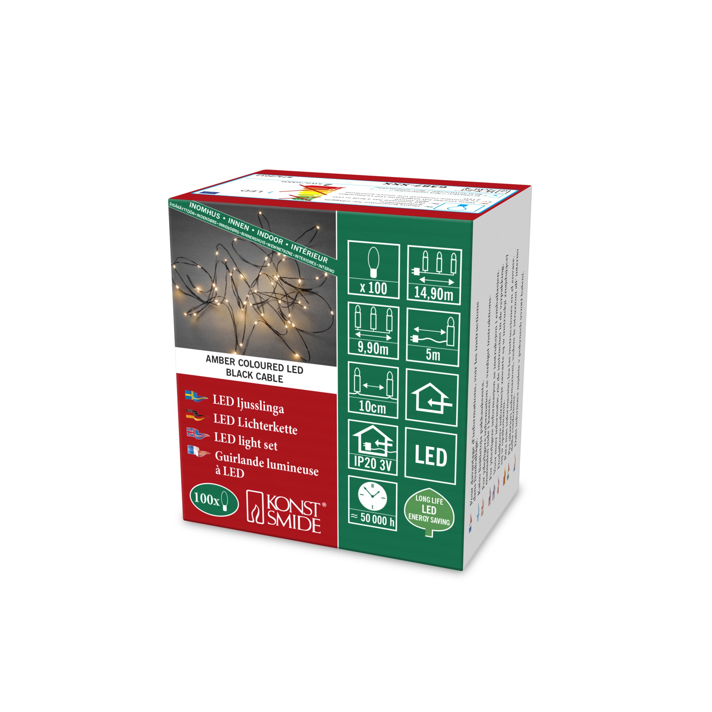 Konstsmide Christmas Lights Indoors LED Naked Wire/Pin Wire Light Chain/Indoor Use (IP20)/100 Amber White Diodes/3V Indoor Transformer/Black Wire String Lights 6387-800