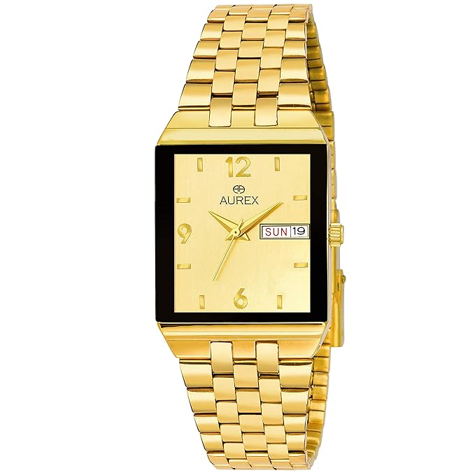 Aurex Golden Dial Gold Plated Working Day & Date Display Bracelet Watch for Men & Boys (AX-GSQ1918-GLBG)