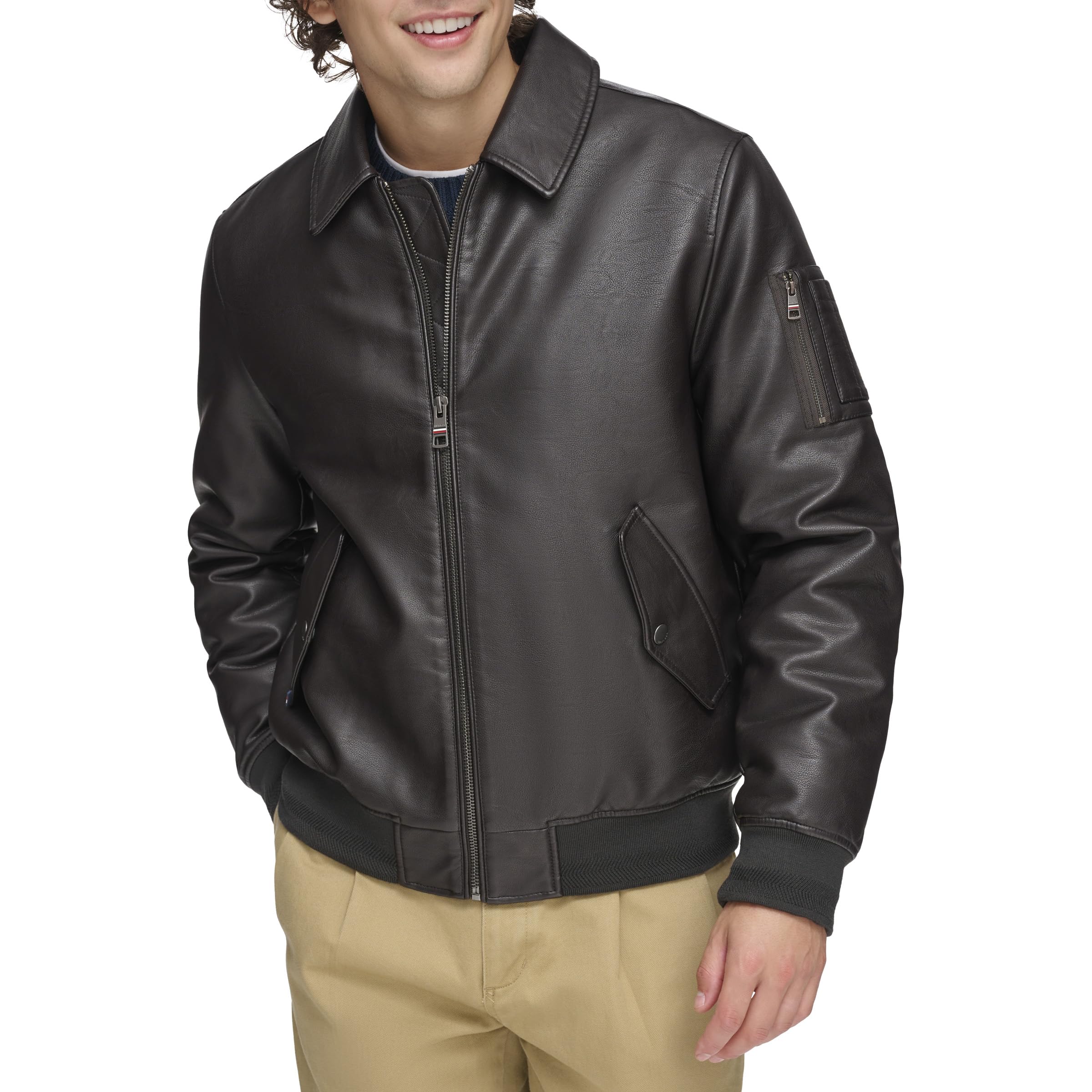Tommy Hilfiger Men’s Smooth Lamb Touch Faux Leather Unfilled Bomber, Dark Brown Laydown Collar, Large