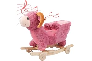 Lucky Tree Toddler Rocking Horse Wooden Plush Rocking Chair 2 in 1 Rocker and Stroller Kids Ride On Toys, Pink Sheep