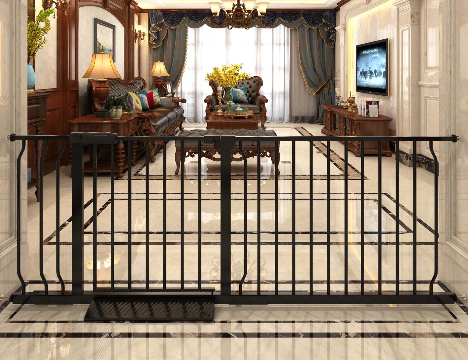 Photo 1 of (UNTESTED) COSEND Extra Wide Baby Gate Tension Indoor Safety Gates Black Metal Large Pressure Mounted Pet Gate Walk Through