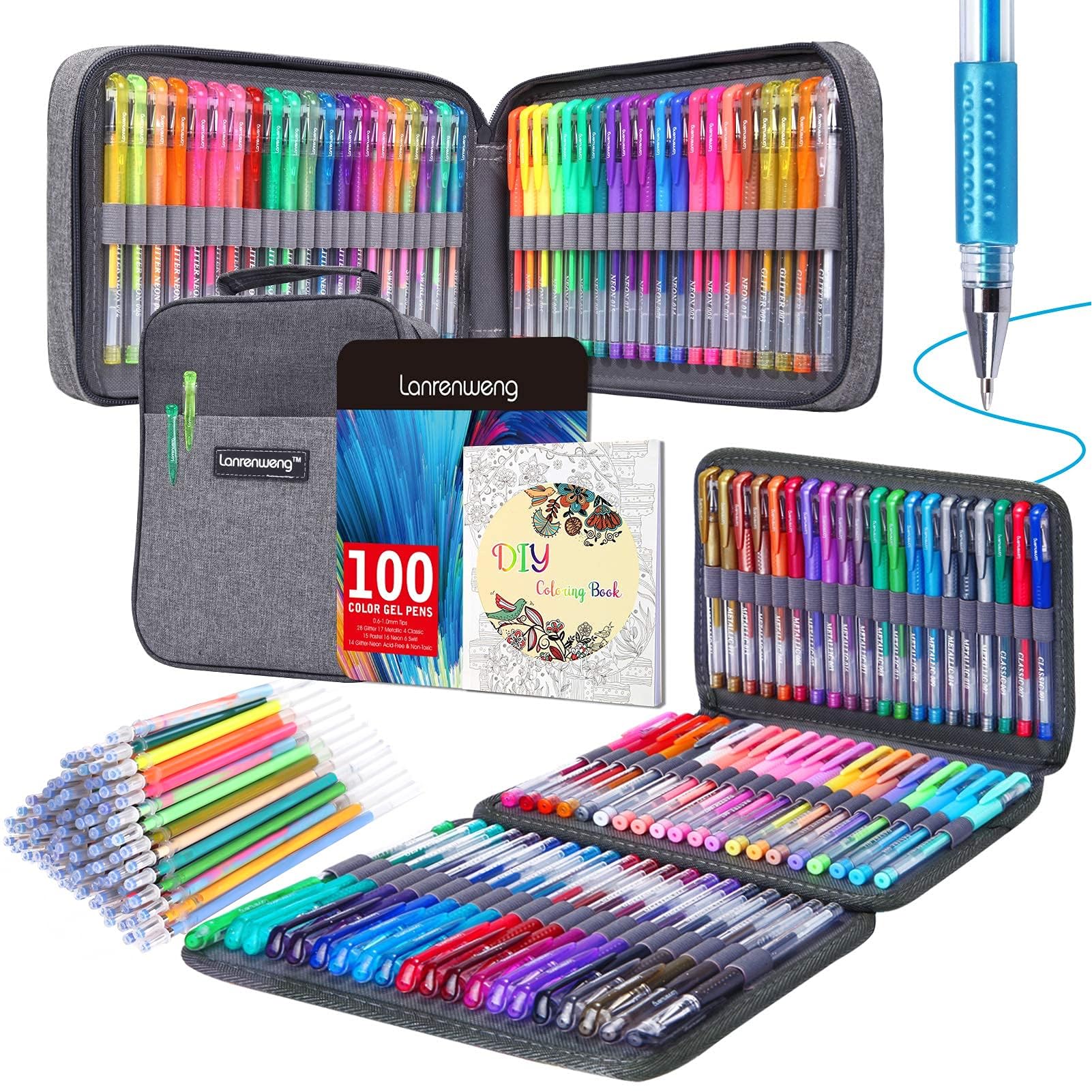LANRENWENG 200 Pack Gel pens Set 100 Colored Gel Pen with 100 Refills, Fine Tip Glitter Gel pens with Canvas Bag for Adults Coloring Books Drawing Crafts Scrapbooks