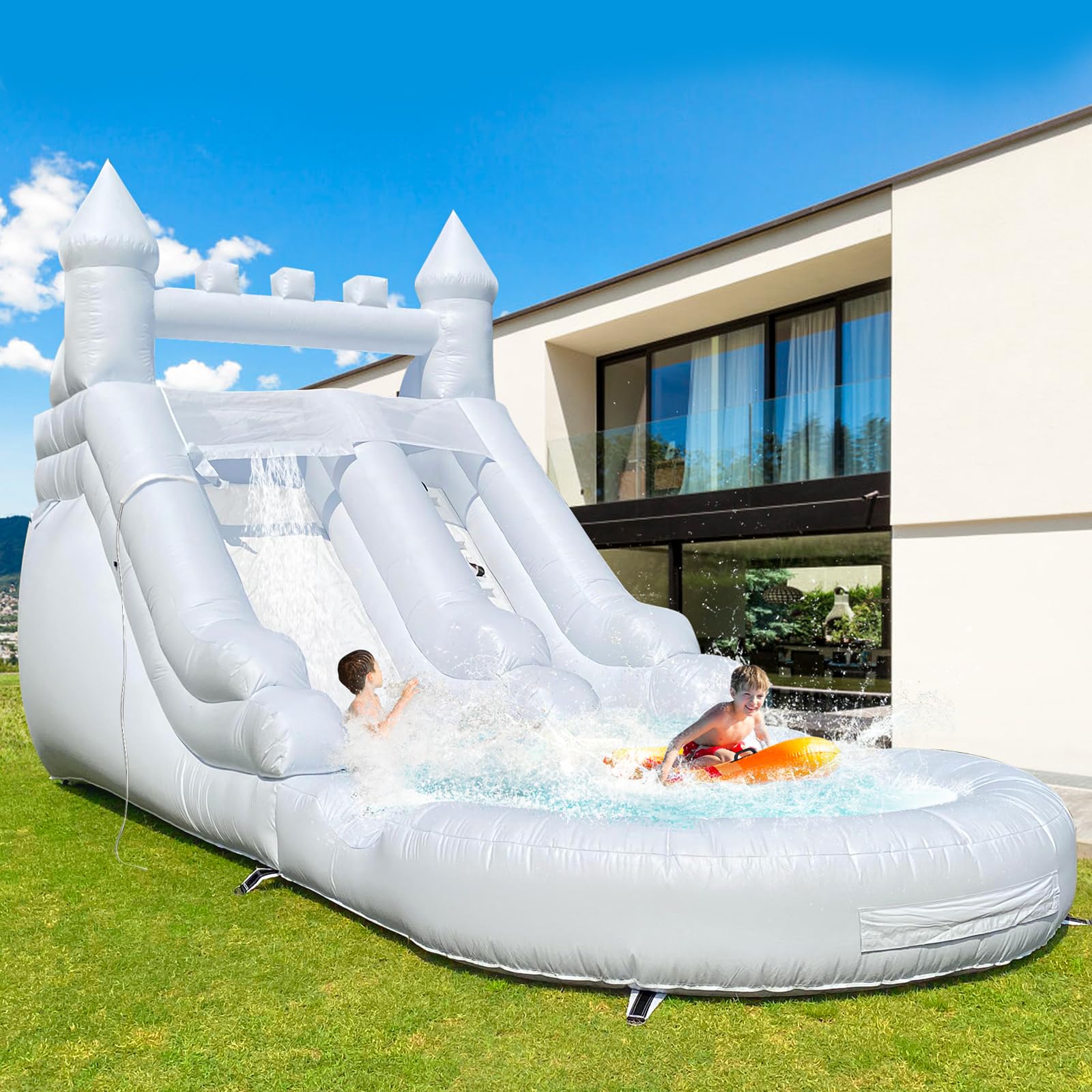 Commercial Grade Water Slide 21'x9'x12' Inflatable with Pool for Kids and Adults (with Blower Include), Wet Dry Use, Summer Splash Fun (White Water Slide, Commercial PVC)