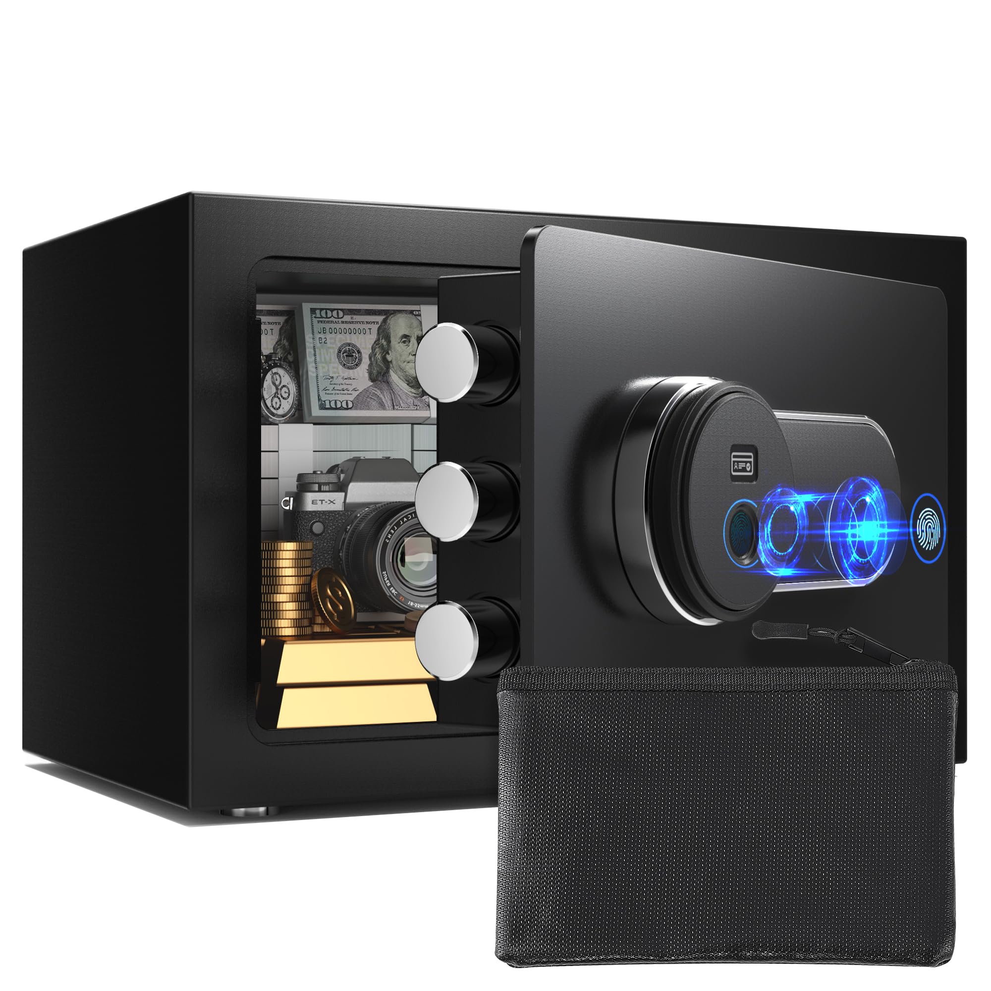 Photo 1 of Marcree Safe Box with Fireproof Waterproof Bag, 0.5 Cub Small Home Safety Box with Key, Biometric Fireproof Personal Safes, Fingerprint Money Safe for Home Hotel Bedroom, Fingerprint Unlock