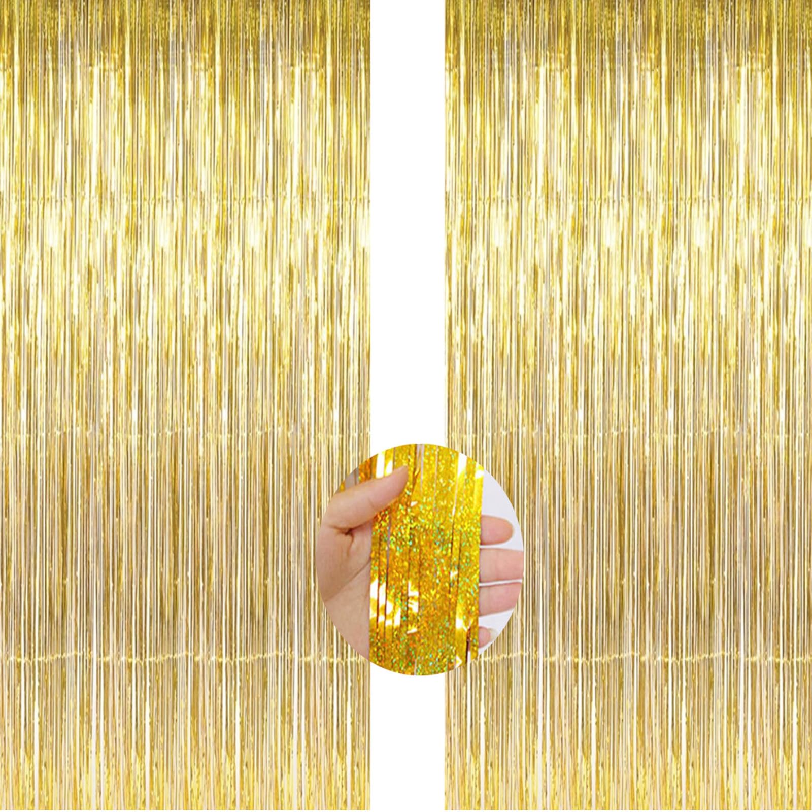 Gold Backdrop Streamers - AILEXI 2 Pack 3.2 ft x 6.56 ft Metallic Tinsel Foil Fringe Curtains for Party Decorations