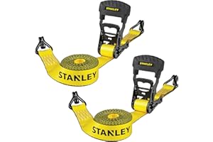 STANLEY S1007 Black/Yellow 1.5" x 16' Ratchet Tie Down Straps - 1,100 lb Safe Working Load / 3,300 lb Break Strength, 2 Pack