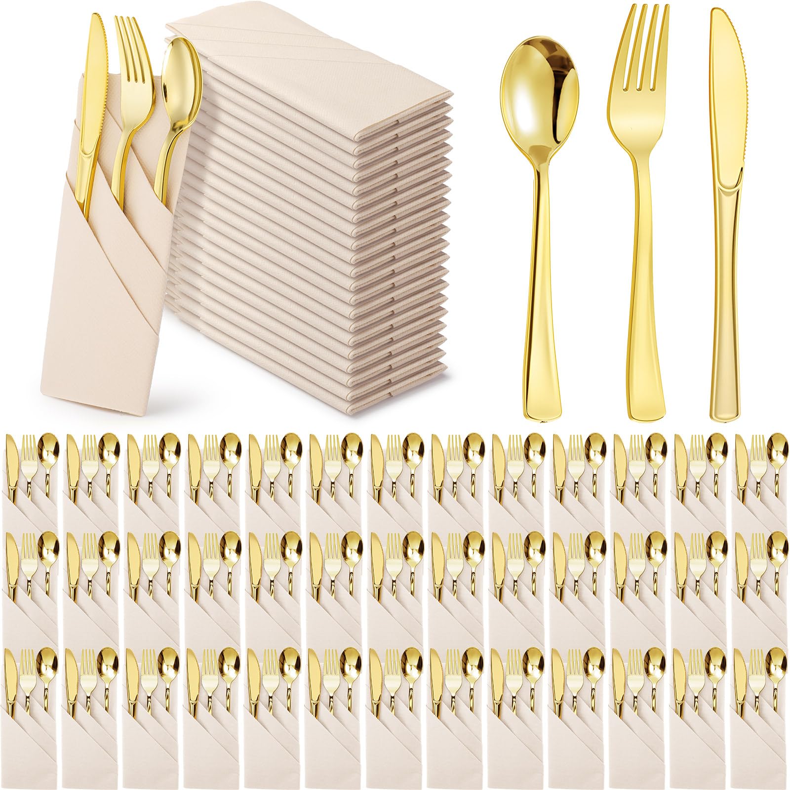 Photo 1 of Qilery 50 Pack Paper Linen Napkin Gold Plastic Silverware Set, Dinner Napkin and Plastic Cutlery Set Disposable Dinnerware Napkins with Forks Spoons Knives(Beige)