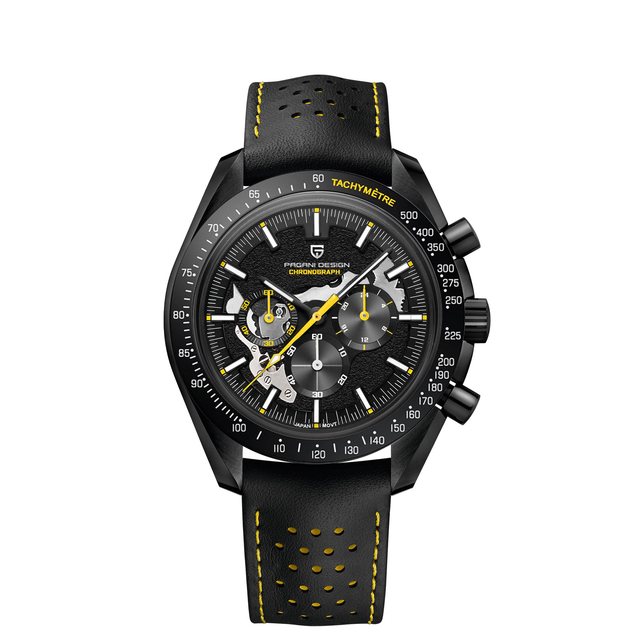 TYBERLEY Pagani Design 1779 Luxury Men's Quartz Watch Moon Chronograph Skeleton AR Synthetic Sapphire VK63 Movement Leather Strap Waterproof Sports Watch Full Black