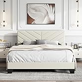 IOILORI Queen Size Bed Frame Platform with Upholstered Headboard, Sturdy Wooden Slats, Noiseless, No Springs Required, Easy to Assemble Beige