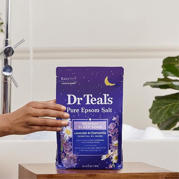 DR TEAL’S PURE EPSOM SALT SOAK, SLEEP BLEND WITH MELATONIN, LAVENDER & CHAMOMILE ESSENTIAL OILS, 3 LBS