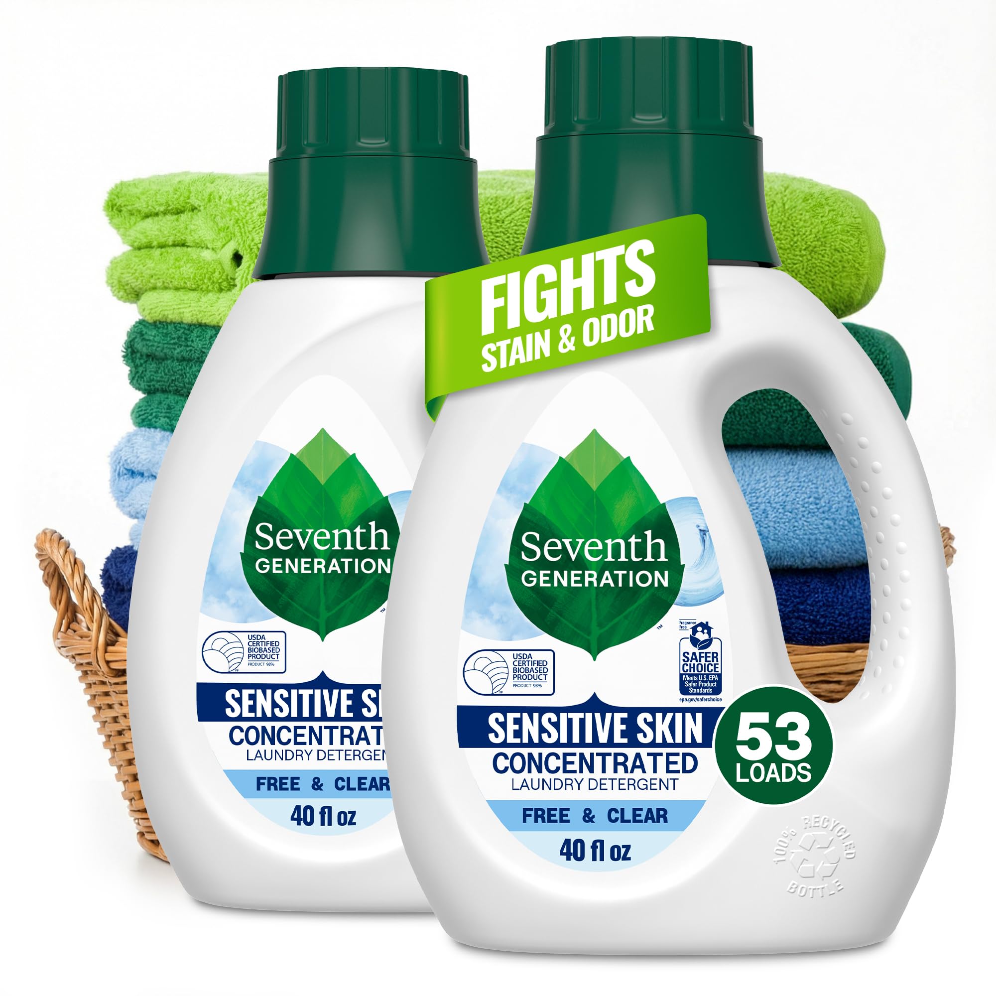 Seventh Generation Concentrated Free & Clear Laundry Detergent, 40 oz, Pack of 2, No Dyes or Fragrance, Sensitive Skin Liquid Laundry Soap Targets Stains and Everyday Messes With Biobased Formula