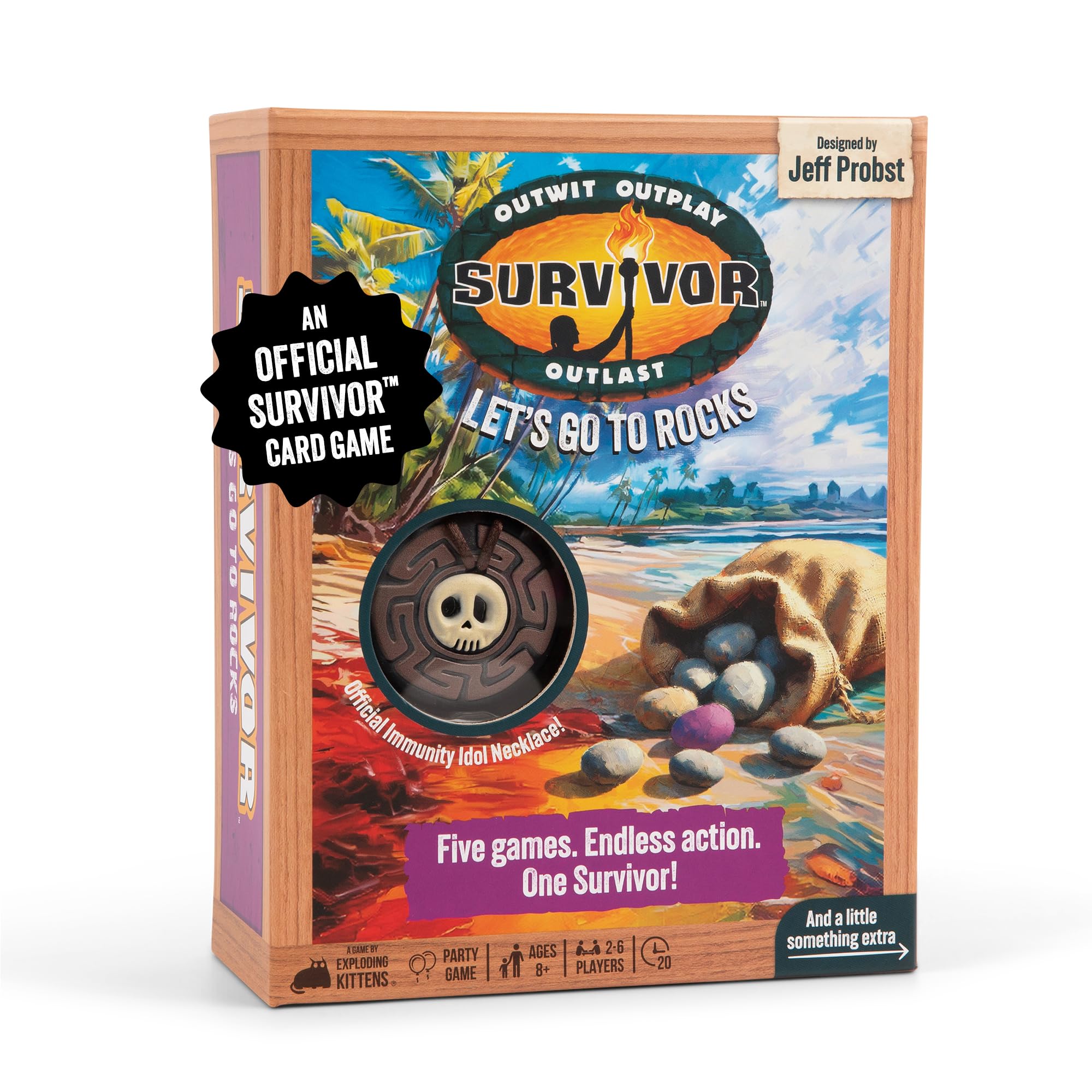 Exploding Kittens Survivor: Let’s Go to Rocks Game for Ages 8+, 2 to 6 Players, Strategy and Challenge Party Game with Rocks, Cards, and Immunity Necklace.