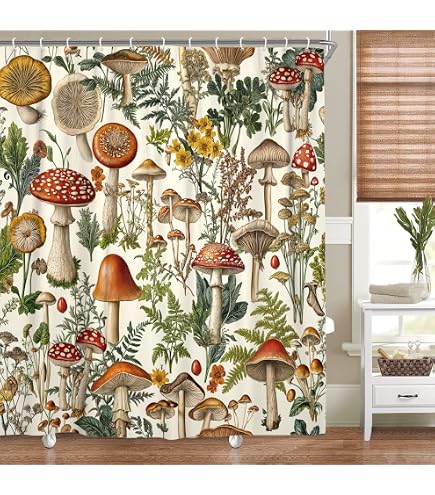 Tenda Da Doccia JAWO Con Funghi E Stelle, Stile Boho, 69x70 Pollici (175x178 Cm), Colore Nero, Set Con Ganci, Lavabile E Impermeabile