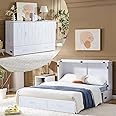Homnso Queen Murphy Bed, Pine Wood Murphy Cabinet Bed with Tri-Folding Mattress,Storage Drawer with 14pcs Auxiliary Wheels & USB Charging Station for Living Room Apartment (White 1#)