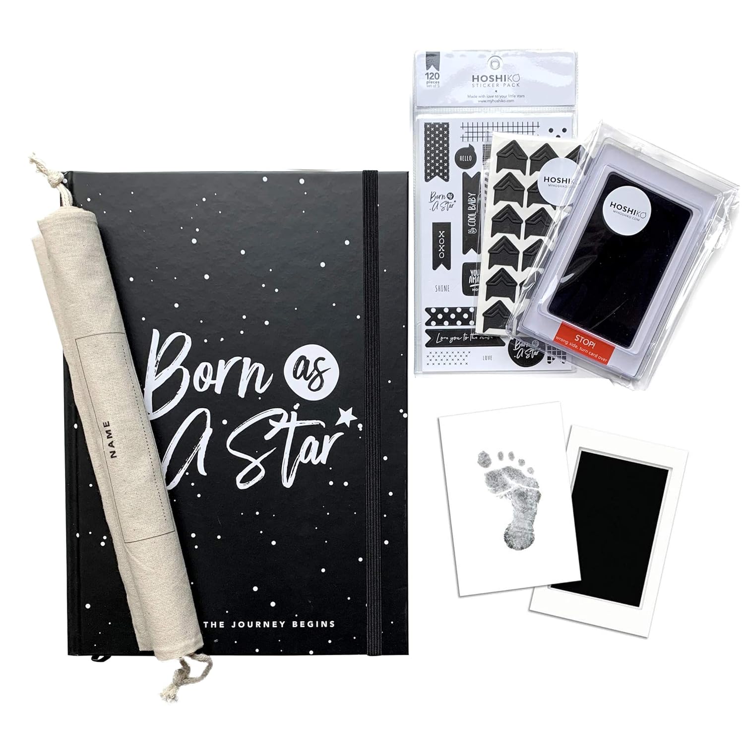 New Born KIT - First 5 Years Baby Journal – Memory Book with Tote – Born as a Star by Hoshiko (Black- Kit) : Baby