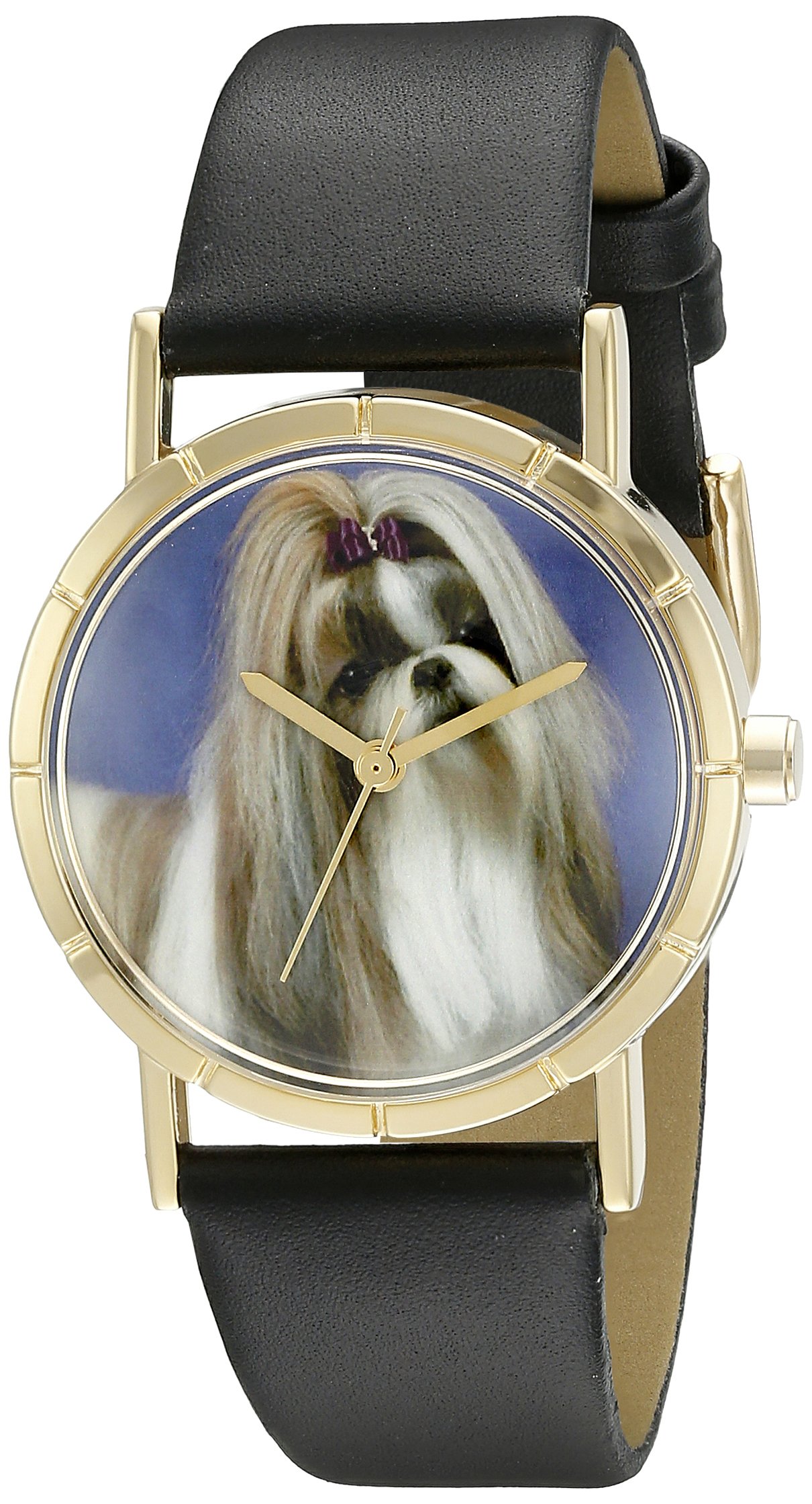 Whimsical Watches Shihtzu Black Leather and Goldtone Photo Unisex Quartz Watch with White Dial Analogue Display and Multicolour Leather Strap P-0130069
