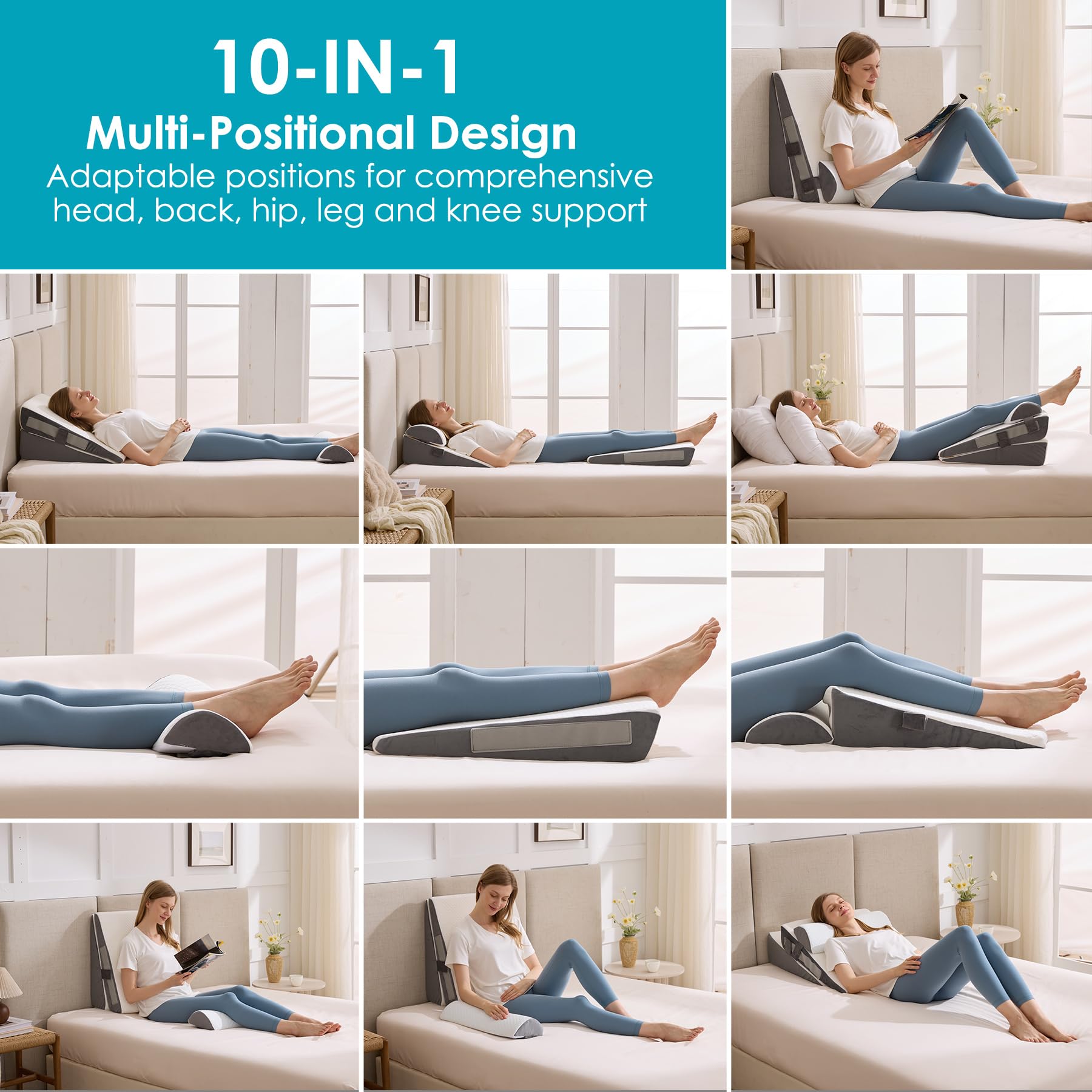 WGAKCED 3Pcs Wedge Pillow Set for After Surgery,Acid Reflux Relief, Adjustable Bed Wedge Pillows for Sleeping,Anti Snore, Memory Foam Triangle Pillow for Back&Neck&Shoulder Pain Relief, White&Grey