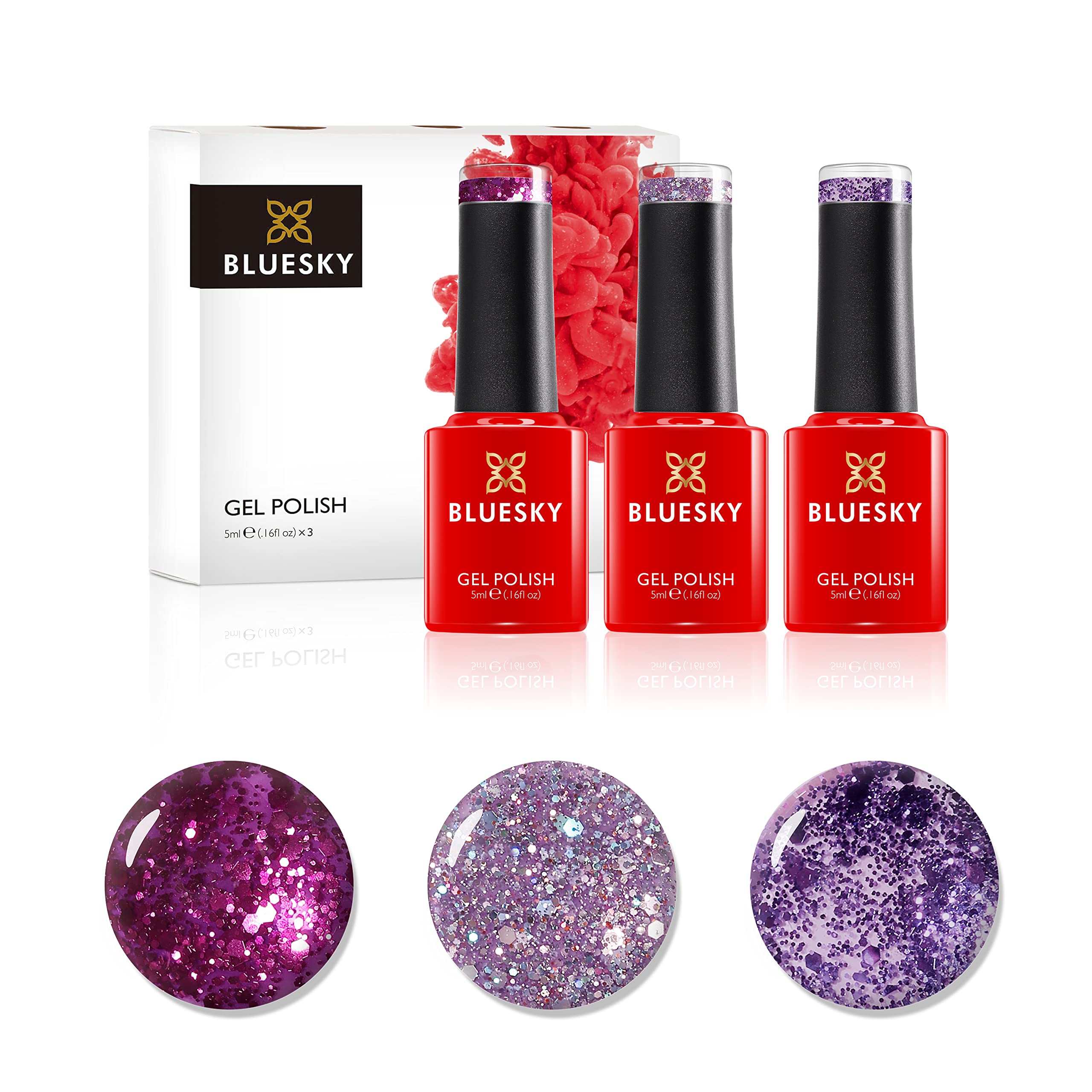 Bluesky Gel Nail Polish Set - Purple Confetti, Purple Dream Blz48, Diamond Dc004, Secret Santa 63901 - Glitter 3 x 5 ml, UV/LED Curing Required