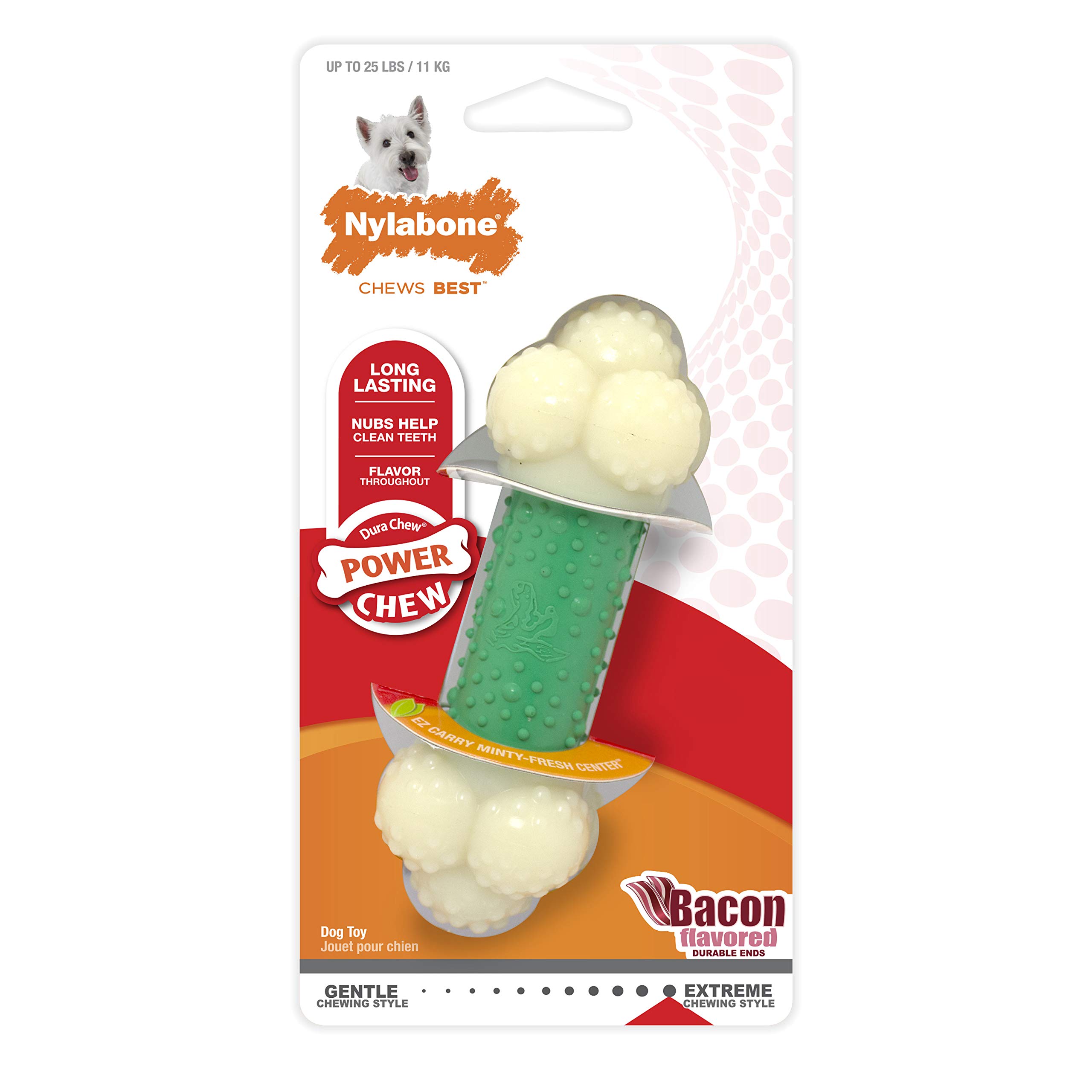 Nylabone Extreme Tough Double Action Dog Chew Toy Bone, Cleans Teeth, Bacon Flavour, Small, for Dogs Up to 11 kg