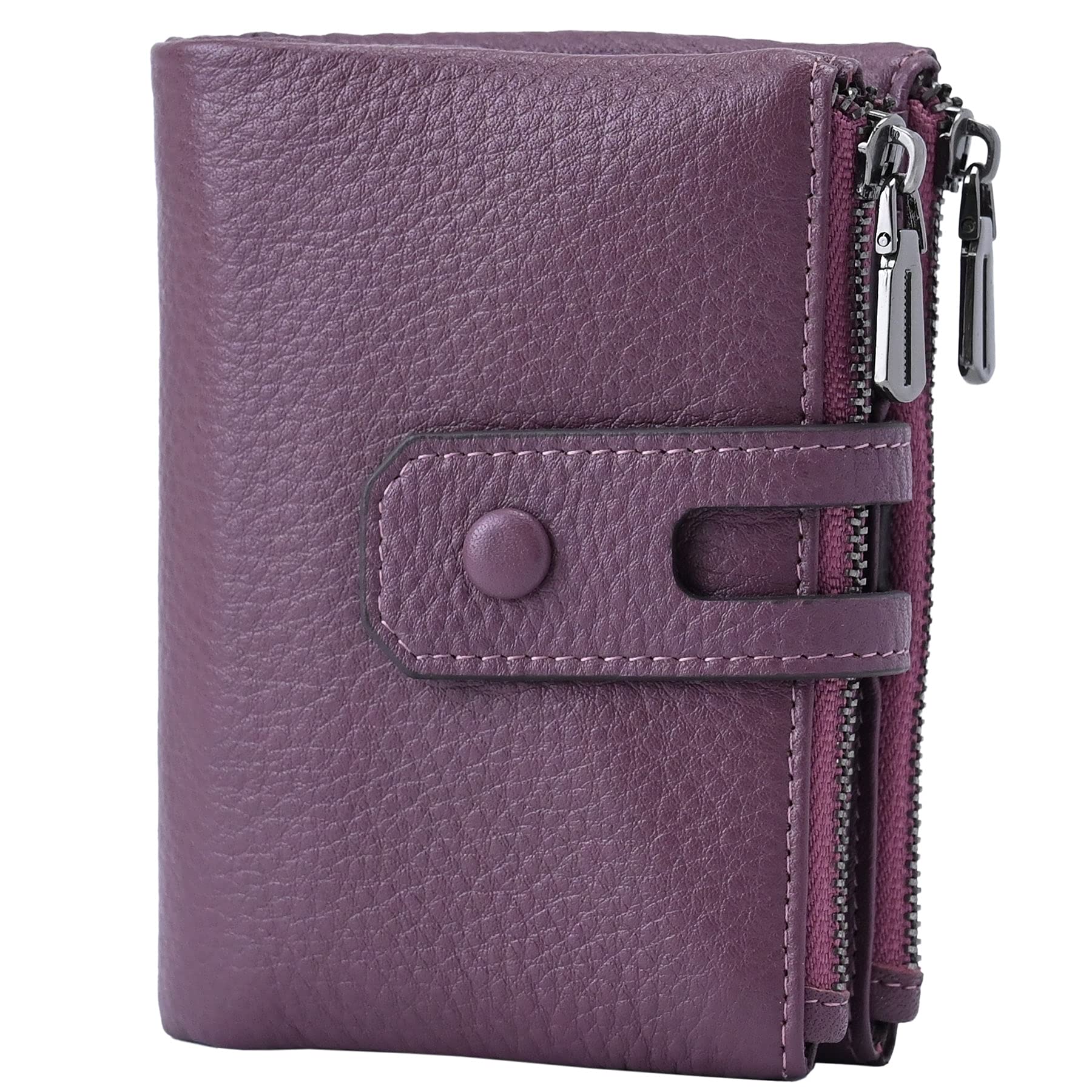 Bveyzi Small Soft Leather Purses for Women, RFID Blocking Women's Credit Card Holder Ladies Wallets Double Zipper Pocket (Deep Plum)