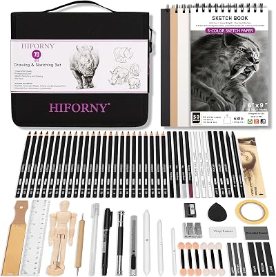 HIFORNY 70 Pcs Drawing Set Sketch Kit with 3-Color Sketchbook and Pencils