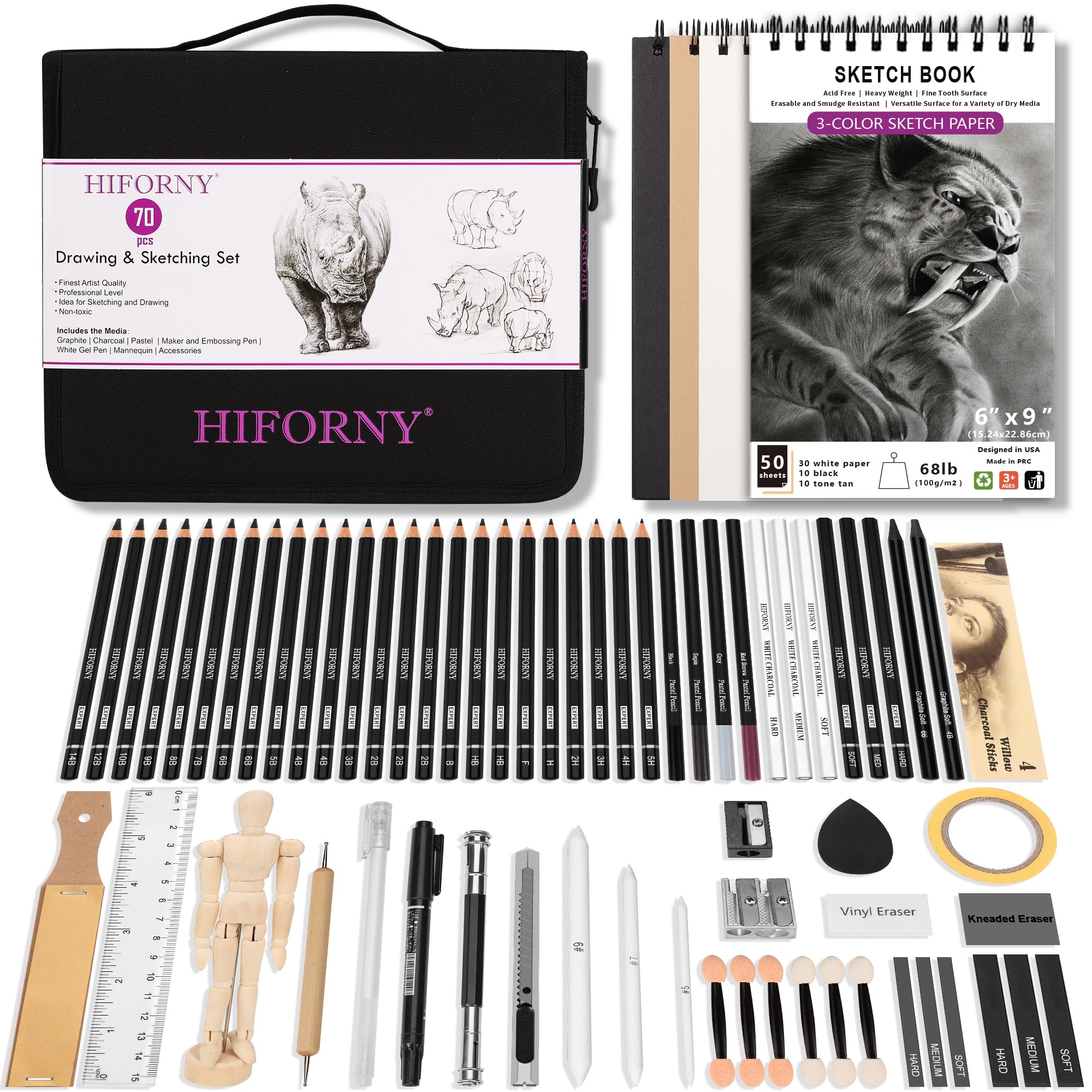 HIFORNY 70 Pcs Drawing Set Sketching Kit - Sketch Pencils Art Supplies for Adults Artists with 3-Color Sketchbook,Graphite,Pastel,Charcoal Pencils,Blending Tools
