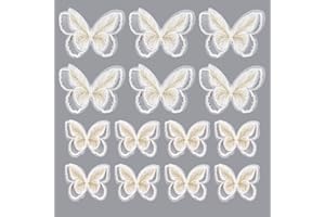 URROMA White Double-Deck Butterfly Appliques Embellishments, 24 Pcs Gold Thread Lace Appliques for Sewing Organza Lace Patches for Wedding Bride