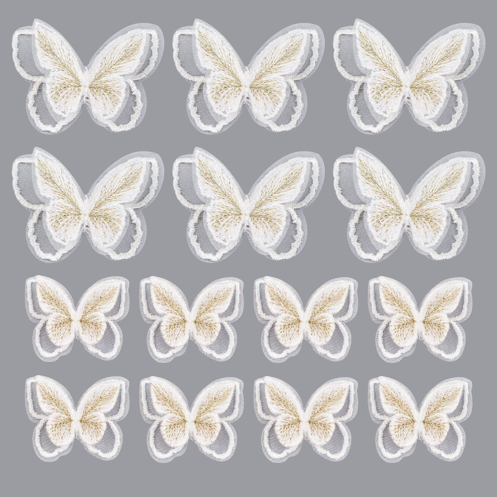 URROMA White Double-Deck Butterfly Appliques Embellishments, 24 Pcs Gold Thread Lace Appliques for Sewing Organza Lace Patches for Wedding Bride