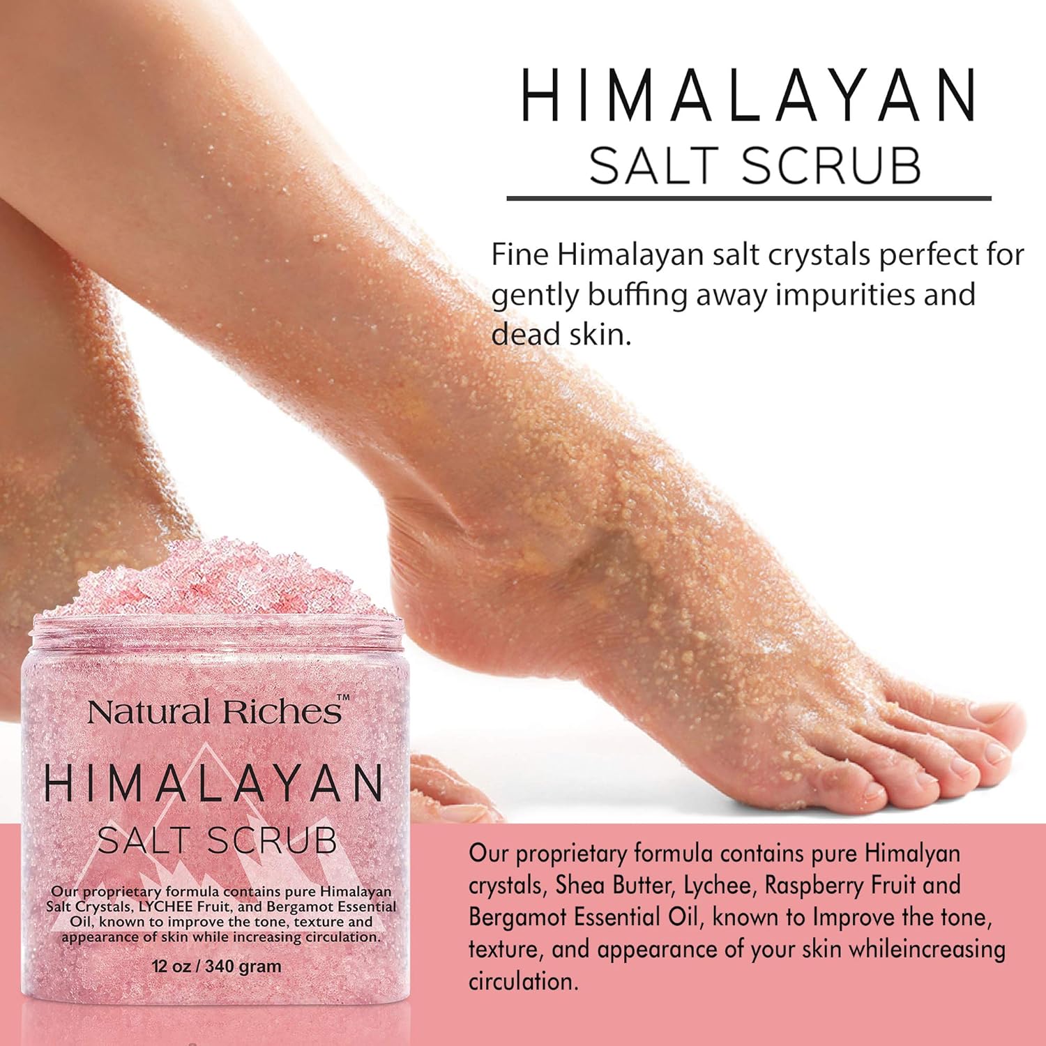 Natural Riches Himalayan Salt Body Scrub - (12 Oz / 340 gm) - Deep Cleansing Exfoliator, All-Natural exfoliate with Vitamin C, Bergamot and Lychee Essential Oils : Beauty