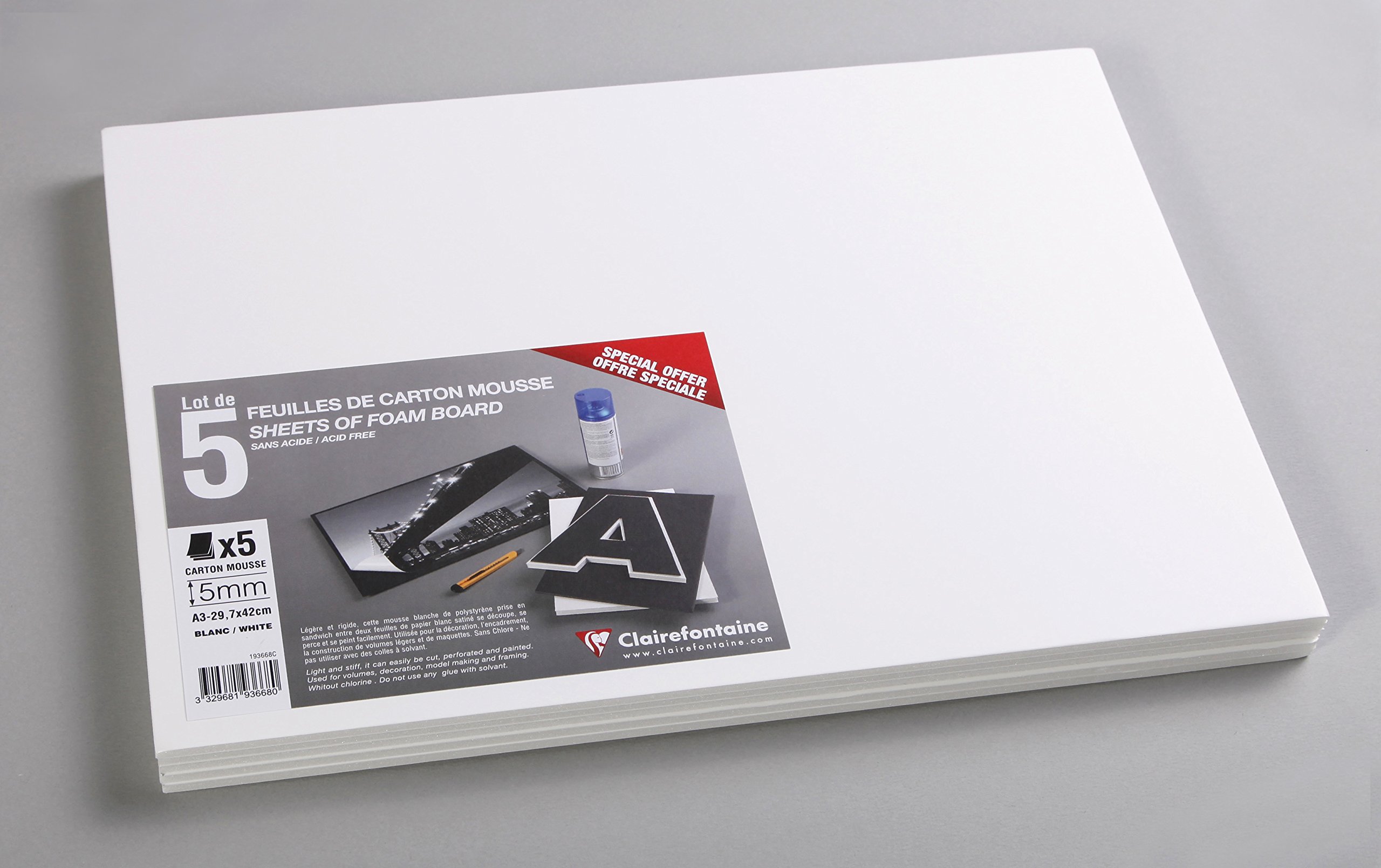 Clairefontaine - Ref 193668C - Foam Board (Pack of 5 Sheets) - A3 (420 x 297mm) in Size, 5mm Thick, Light & Stiff - Suitable for Decoration, Framing & Model-Making