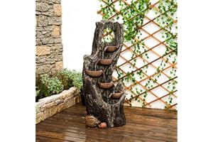FOUNTJOY 6-Tiers Floor Cascading Waterfall Fountains Outdoor Indoor Tree Trunk Water Garden Fountain with LED Lights Rainforest Water Feature Decor for Backyard Porch Patio Lawn 43.31''H