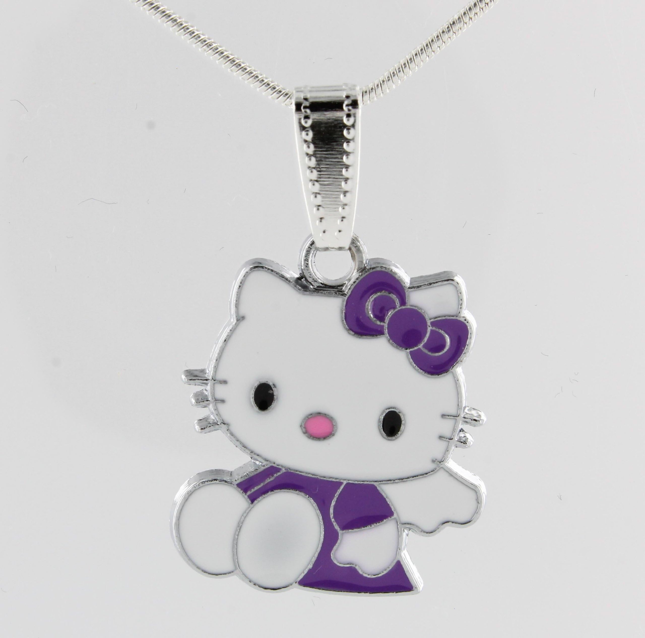University Gifts Happy Valentine's Day! Hello Kitty Cat Lavender Purple Bow Pretty Angel Dress Enamel Pendant with Necklace.