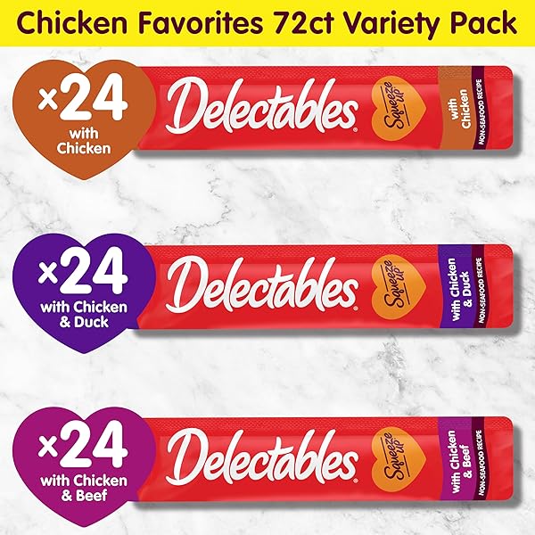 DELECTABLES SQUEEZE UP NON-SEAFOOD VARIETY PACK, CREAMY SQUEEZABLE PUREE, LICKABLE WET CAT TREATS, GRAIN FREE, NO ADDED FILLERS, NO BY-PRODUCTS, NO ADDED PRESERVATIVES, 0.5 OUNCES TUBE, 72 TUBES TOTAL