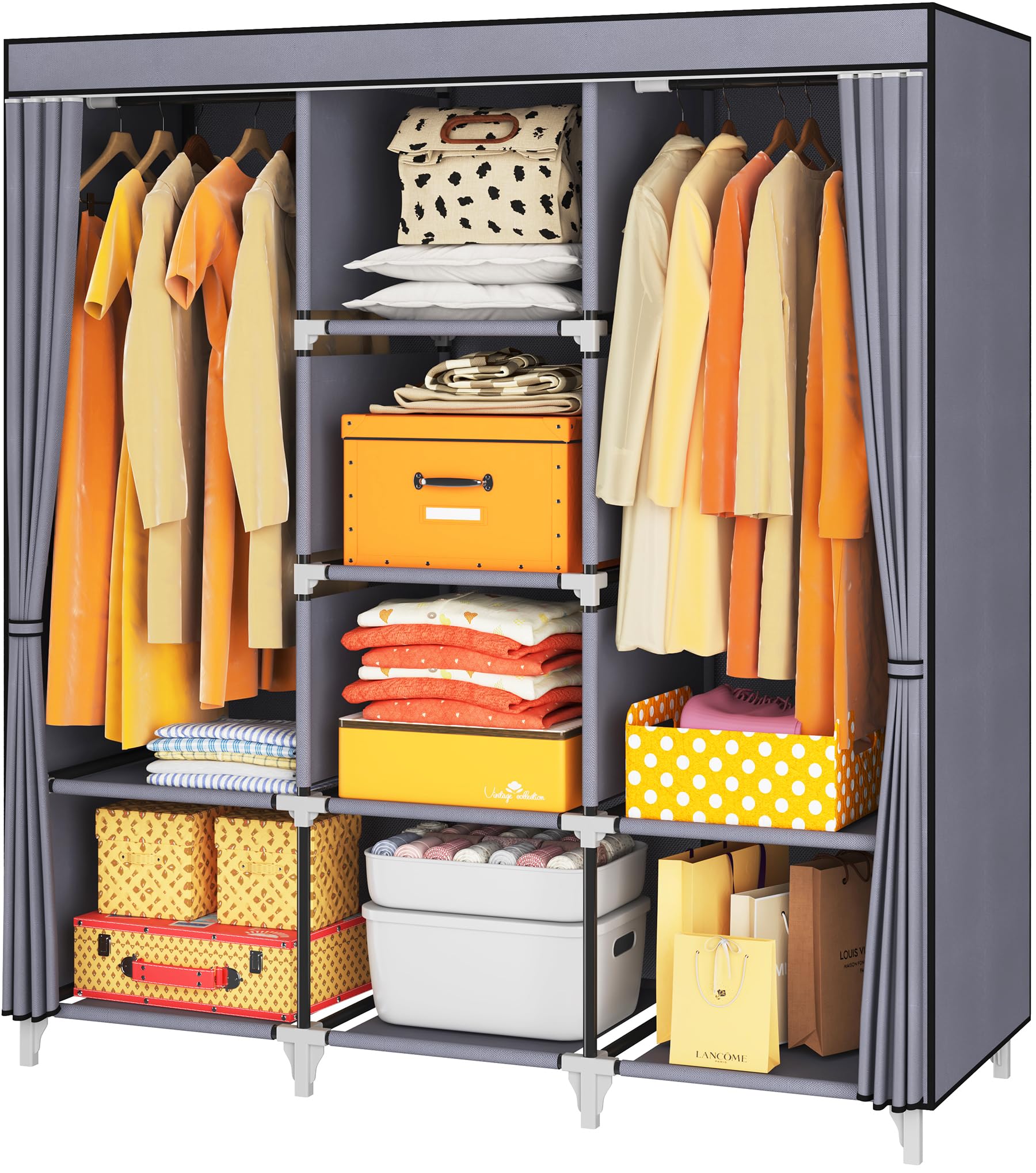Photo 1 of ZVZHM Portable Closet, 53 Inch Wardrobe Closet for Hanging Clothes with 2 Hanging Rods, 8 Storage Organizer Shelves, Non-Woven Fabric, Quick and Easy to Assembly, Grey