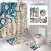 Fungarth 4 Pcs Vintage Nautical Octopus Shower Curtain Set with Rug Retro Coastal Bathroom Sets with Waterproof Shower Curtain and Non Slip Memory Foam Rugs Toilet Lid Cover Bath Mat Decor with Hook